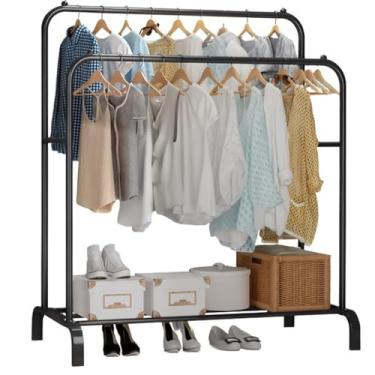 Imagem de Arara Cabideiro, Arara Cabideiro Duplo, de Roupa com Sapateira Closet Preto