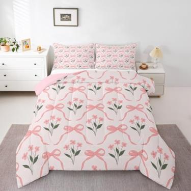 Imagem de jejeloiu Conjunto de cama com laço fofo, macio, para meninos e meninas, tamanho solteiro, rosa, floral, edredom de microfibra, laço, decoração de quarto, 2 peças com 1 fronha