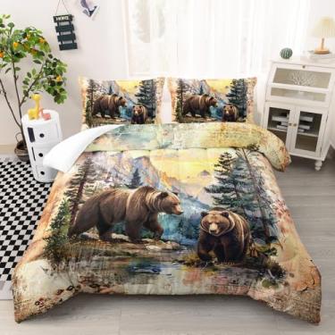 Imagem de AILONEN Jogo de cama de urso rústico para meninos, tamanho casal, urso marrom retrô, caça selvagem, edredom e 2 fronhas, microfibra macia, 3 peças