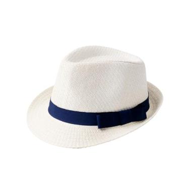 Imagem de Chapéu de palha masculino chapéu de coco britânico chapéu de palha artesanal de verão chapéu de cavalheiro chapéu fedora feminino branco azul GG (60-62 cm)