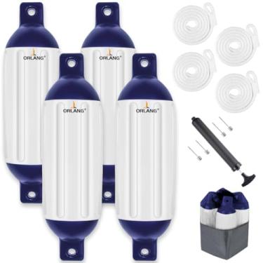 Imagem de ORLANG Para-lamas de barco de 14 cm x 50,8 cm, para-choques de barco para ancoragem, pacote com 4, pára-choques de vinil com nervuras infláveis, para-choques de pontão com bomba de ar, cordas, agulhas