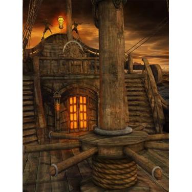 Imagem de Loccor 1,5 x 2,1 m de tecido de convés de navio pirata vintage veleiro de madeira fundo de navio de guerra tema pirata Halloween decorações de festa de aniversário crianças adultos cabine de fotos