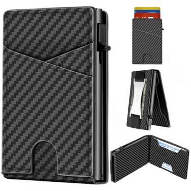 Imagem de Carteira masculina com clipe para dinheiro, carteira masculina minimalista com bloqueio de RFID, capa de alumínio pop-up, capacidade para 10 cartões de crédito, bolso frontal, compartimento para