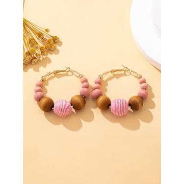 Imagem de Um par de brincos femininos, contas de madeira, brincos de cor Maillard de dopamina, adequados para uso diário, rosa
