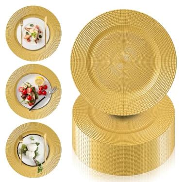 Imagem de PROY 100 placas de carregamento douradas a granel, carregadores de recife reutilizáveis de 33 cm, placa de carregamento decorativa redonda de plástico brilhante para casamento, catering, festas