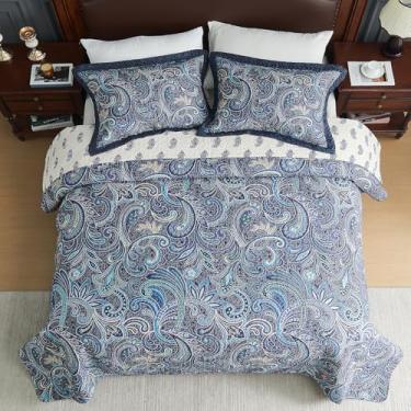 Imagem de DUOHONG Conjunto de colcha 100% algodão king size - edredom acolchoado com padrão paisley, colcha King reversível vintage, roupa de cama leve para cama king, 3 peças, azul marinho