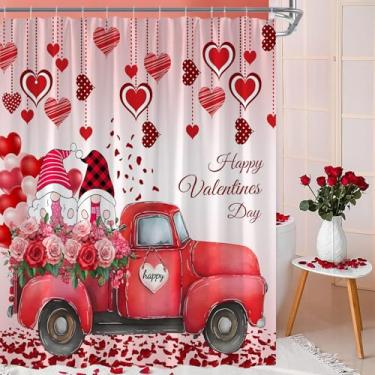 Imagem de CWHCWA Cortina de chuveiro para dia dos namorados, gnomos românticos, coração, amor, caminhão, rosa, vermelha, floral, doce casal, decoração de banho, cortina com ganchos, 187 x 178 cm