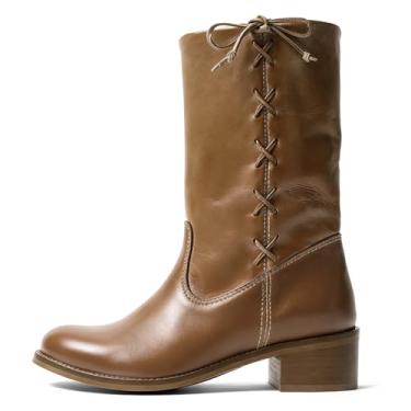 Imagem de KISSASA Botas de cano médio para mulheres, bico redondo, botas rasas, vintage, com laço, salto baixo, campus, botas de outono, Marrom, 41