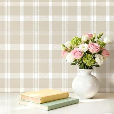 Imagem de ICOOP Papel de parede xadrez bege 43 cm × 600 cm papel de parede quadriculado rústico papel de contato xadrez alfaiate neutro para mesa quadriculada papel de parede guingão para berçário quarto