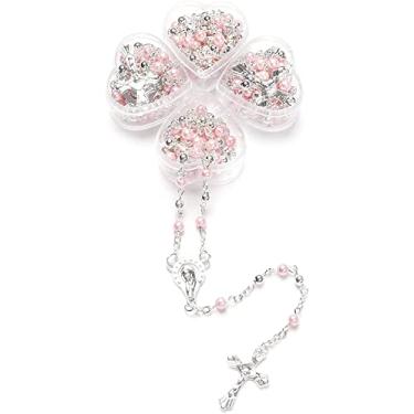Imagem de (12) PCS - Batismo, Primeira Comunhão Rosário Favor Ouro Pérola Recuerdos para Primera Comunion Niña Niño Heart Case (Rosa Prata)