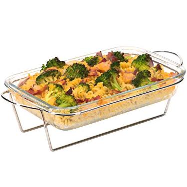 Imagem de Moss & Stone Caçarola de vidro feita de vidro borossilicato, 25,5 x 16,5 cm durável para forno, seguro para micro-ondas, forma retangular de vidro transparente (1 peça e suporte)