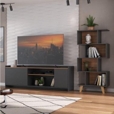 Imagem de Conjunto Rack para TV até 60 Polegadas 2 Portas 2 Nichos e Estante Livreiro 4 Nichos Hecol Móveis Grafite/Nogal