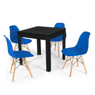 Imagem de Conjunto Mesa de Jantar Quadrada Sofia Preta 80x80cm com 4 Cadeiras Eames Eiffel - Azul