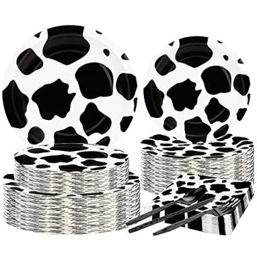 Imagem de Conjunto de talheres com estampa de vaca para festa de aniversário com 150 peças, inclui pratos de papel de vaca de 22,86 cm e 17,78 cm, facas garfos, colheres para crianças, decorações de festa de aniversário com tema de vaca para servir 25 convidados (estampa de vaca)