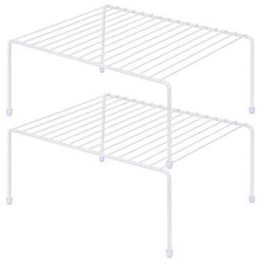 Imagem de Prateleira de armazenamento de armário de cozinha/pés de plástico - (33,1 x 25,4 cm) - Metal de aço - Acabamento resistente à ferrugem - Organização de copos, pratos, armário e despensa (2, branco)