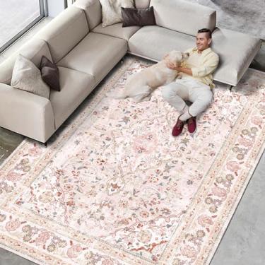 Imagem de Vhong Tapetes rosa laváveis boho vintage moderno neutro grande tapete 5 × 7 tapetes de alto tráfego para sala de jantar, sala de estar, quarto, quarto de meninas, quarto de bebê, antiderrapante
