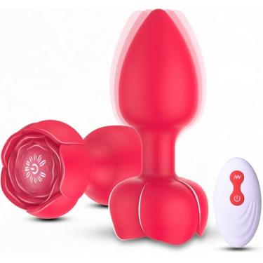 Imagem de Plug Anal Vibratório em Formato de Rosa com 10 Velocidades e Controle Remoto, Silicone Premium Extra Macio Massageador de Próstata Ideal para Uso Masculino, Feminino ou Casal Recarregável USB