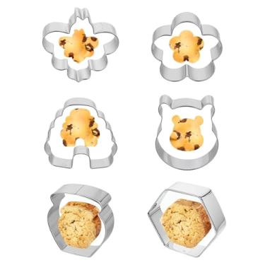 Imagem de Thinp Conjunto de 6 cortadores de biscoito de abelha - Ursinho Pooh, abelha, colmeia, favo de mel hexagonal, flor e pote de mel cortadores de biscoito de aço inoxidável para decoração de muffins de