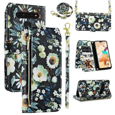 Imagem de Dswteny Capa carteira para LG K61/Q61/K51S/K41S com alça de ombro destacável, 9 compartimentos para cartões, bolsa com zíper, suporte de couro floral, suporte de cartão, capa para celular K 61 51S 41S