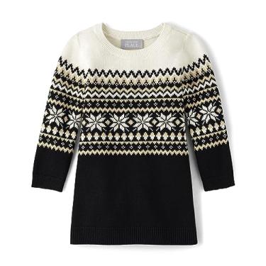 Imagem de The Children's Place Vestido suéter de manga comprida para bebês meninas e crianças pequenas, Fairisle preto e branco, 4 Anos
