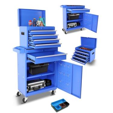 Imagem de Fitenlor Caixa de ferramentas, caixas de ferramentas 2 em 1 com 5 gavetas, carrinho de ferramentas com 7 divisórias de bandeja organizadora e rodas, caixa organizadora grande para garagem, oficina,