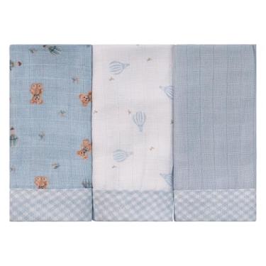 Imagem de Pano Paninho de Boca Bebê 34cmx40cm 100% Algodão Baby Joy C/ 3 unidades (Urso Azul)
