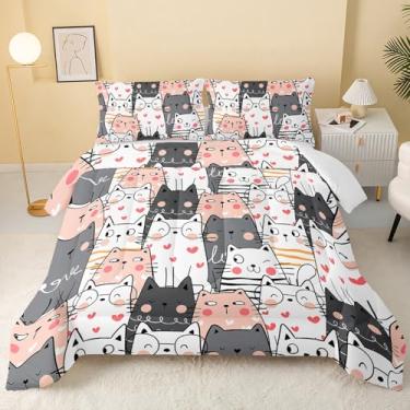 Imagem de QOOMO Conjunto de edredom de desenho animado de gato kawaii, animais kawaii, tamanho solteiro com 2 fronhas, microfibra leve para todas as estações