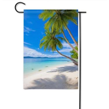 Imagem de Gkyygk Praia tropical palmeiras verdes céu azul bem-vindo bandeira de jardim 30,5 x 45,7 cm bandeiras verticais dupla face pequena jarda serapilheira casa de fazenda gramado externo decoração de pátio