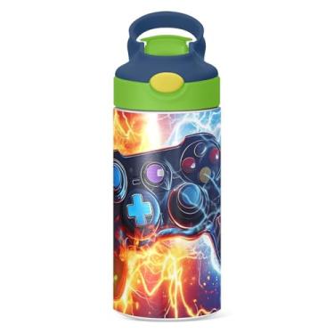 Imagem de Game Controller Fire Electric Spark Garrafa de água infantil com tampa de canudo copo isolado com alça de aço inoxidável reutilizável copo infantil para crianças, meninos, 340 g