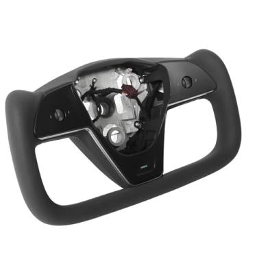 Imagem de aqxreight Volante de Garfo Com Função de Aquecimento Couro de Couro Substituição Confortável para a Roda de Garfo Yoke Build Yoke Wheelsteering Wheel para o Modelo 3º Volante para o Modelo Y (Preto)