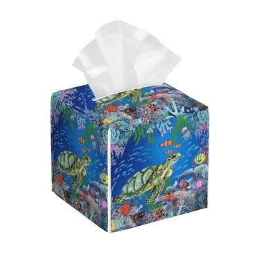 Imagem de Capa quadrada de caixa de lenços subaquática da vida marinha, suporte de lenços de couro com cinto inferior, organizador de papel facial à prova d'água, capa de caixa de lenços para casa, escritório