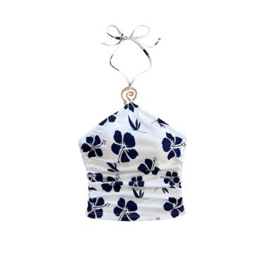 Imagem de MakeMeChic Regata feminina floral frente única sem mangas franzida sem mangas, Azul e branco, M