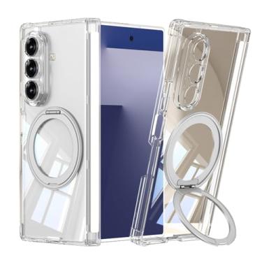 Imagem de POYUFRG Capa magnética para Samsung Galaxy Z Fold 7, capa fina HD transparente com suporte de anel giratório capa de proteção de dobradiça de lente com tudo incluído, branca, Z Fold 7