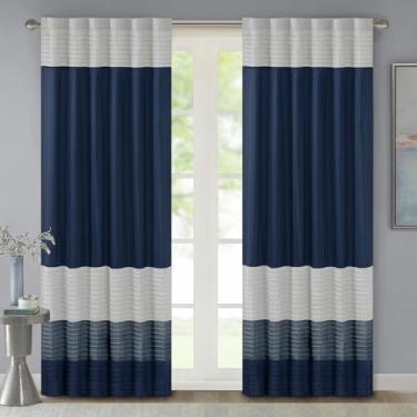 Imagem de Madison Park Amherst Cortina de bolso para varão de seda sintética com forro de privacidade para sala de estar, cortinas de janela para quarto e dormitório, 127 x 213 cm, azul-marinho