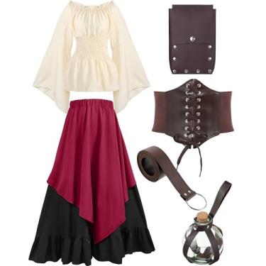 Imagem de Hillban Women Medieval Renaissance Dress Costume Halloween Pirate Costume Set of Blouse Top, Skirt,Pouch,Corset, Belt, Bottle (Red,Medium)