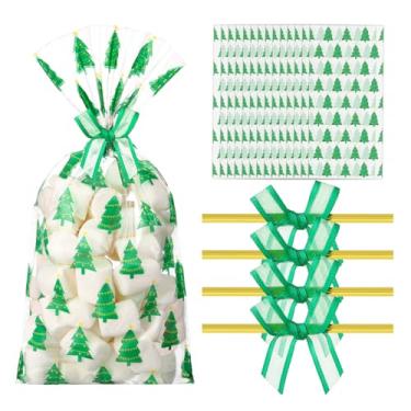 Imagem de Yexiya 50 unidades de sacos de celofane para árvores de Natal com 50 peças de gravata torcida, laços verdes, árvore de Natal, doces, bolachas, lembrancinhas, presentes de plástico para lembrancinhas