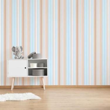 Imagem de Papel de Parede Listrado Bege e Azul Bebê 57x270cm - Quartinhos