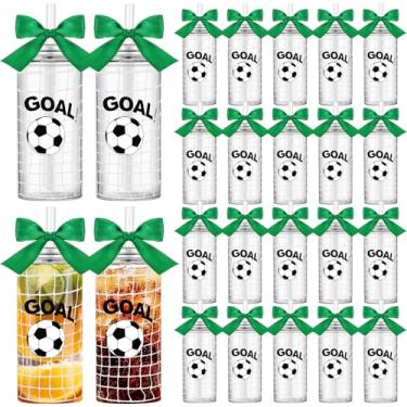 Imagem de Skylety 24 peças de suprimentos de festa de futebol 400 ml copos de plástico de futebol com tampas e canudos copo reutilizável com impressão de gol para fãs de esportes, jogadores, amigos, presentes