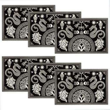 Imagem de WADORN Jogo americano preto viking, conjunto de 6, 43 x 29 cm, runas celtas Drakkar, tapetes de mesa estéticos, árvore da vida, corvo, dragão, lavável, para casa, cozinha, jantar, férias, mitologia