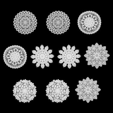 Imagem de 10 peças de toalhas de renda de 15 cm para mesas, toalhas de crochê brancas vintage de renda, porta-copos de crochê feitos à mão para mesas, jogos americanos de crochê, acessórios de mesa para