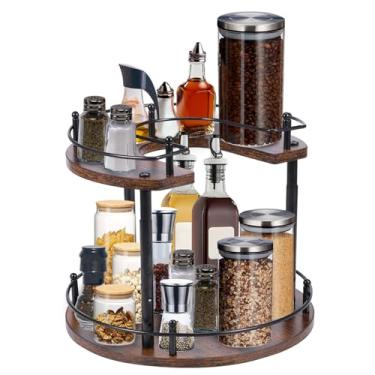 Imagem de Organizador de mesa giratória, rack de armazenamento giratório de 360 graus de madeira com 2 camadas, suporte para armário e despensa de cozinha, mesa de jantar, armário e banheiro (estilo 2)