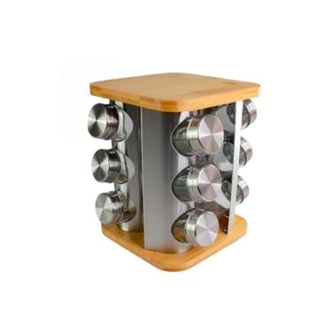 Imagem de Porta Tempero 16 Potes de Condimentos 80ML Para Cozinha Base de Madeira Organização Rápida Inox(12 Bambu)