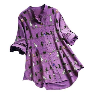 Imagem de Blusa feminina casual com estampa de gato manga comprida com decote em