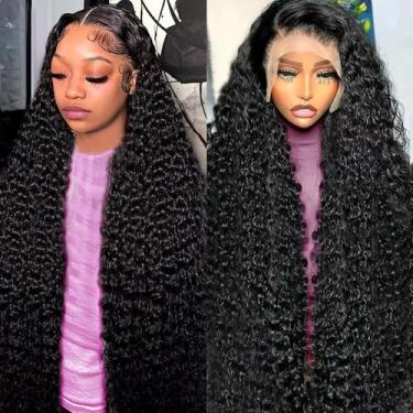 Imagem de Perucas frontais de renda Ylubbiuv 22 cm Deep Wave 200 Density Natural