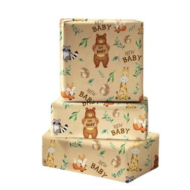 Imagem de ZINTBIAL Kraft Rolo de papel de embrulho para chá de bebê - Papel de embrulho unissex para chá de bebê e aniversário de crianças - 43 cm x 80 metros - Design de animal fofo com linhas de corte, festa