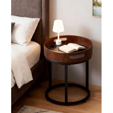 Imagem de Conjunto de 2 mesas de centro redondas com mesa de madeira e moldura de metal, mesas laterais empilháveis modernas para sala de estar, quarto, escritório e varanda (madeira, 1)