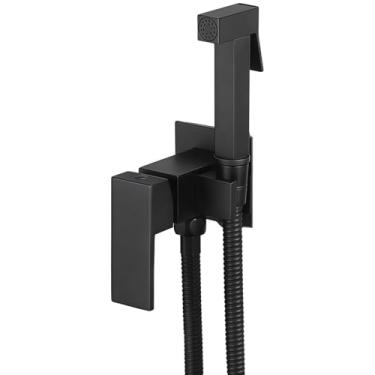 Imagem de Pulverizador de bidê de água quente e fria, acessório de banheiro, liga de zinco, chuveiro quadrado, mangueira flexível, design moderno, montagem oculta, preto, kit de instalação incluído
