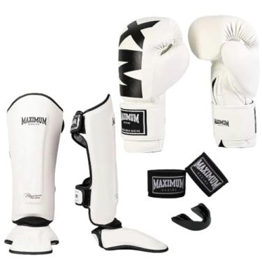 Imagem de Kit Luva de Boxe MXM Branca + Caneleira Muay Thai Classic Branca + Bandagem 3m + Protetor Bucal - Maximum (LUVA 14oz + CANELEIRA M)