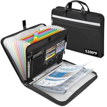 Imagem de Organizador de documentos à prova de fogo de 2,871 °C com 13 pastas expansíveis sanfonadas, fichário com zíper de folha de alumínio com 30 protetores de folha A4/letras, fichário para escola