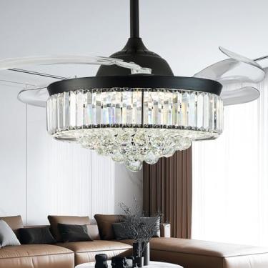 Imagem de PAFRUMGE Ventilador De Teto De Cristal Tipo Lustre Fandelier De 36'' Com Regulagem, Ventilador De Teto Retrátil Preto Moderno Com Luzes E Controle Remoto Para Quarto, Sala De Estar E Sala De Jantar